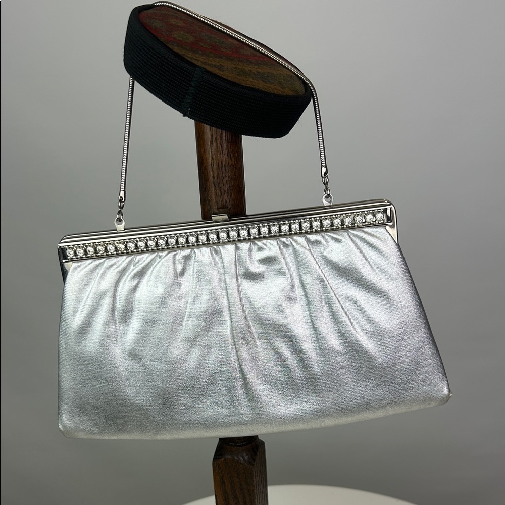 HL Harry Levine USA Glamorous Silver Evening Bag Faux Diamond Bling &Chain Strap